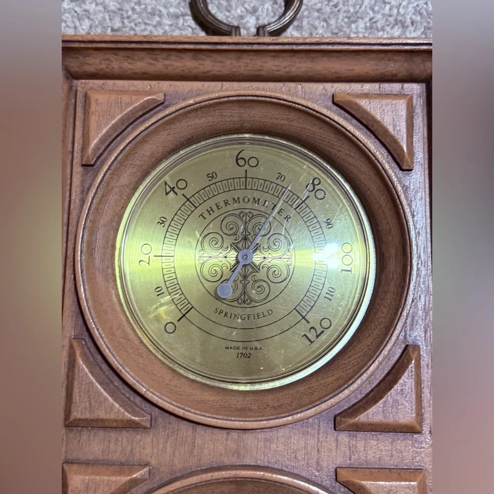 Triple Gauge Wall Weather Station in Brown Wood with Gold Dials